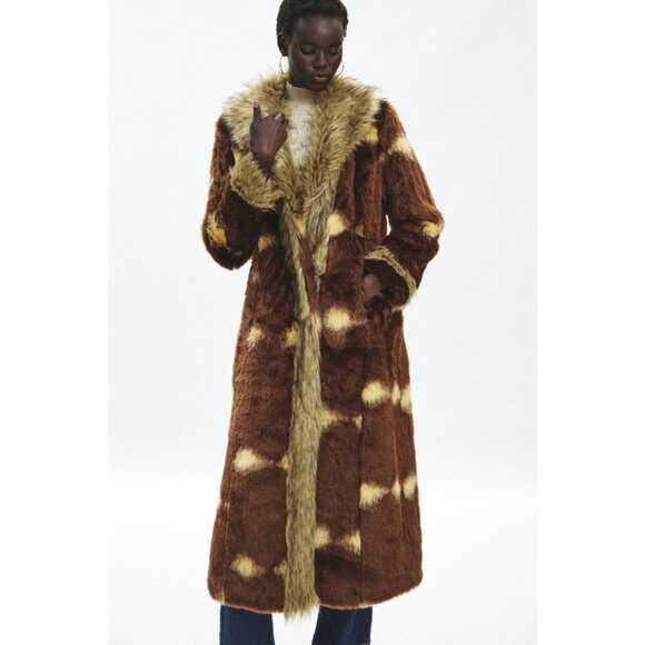 SILENCE + NOISE BY UO Women's Lexi Faux Fur Trim Longline Coat Size M In Brown - Picture 1 of 10